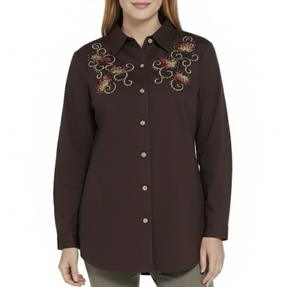 Quacker Factory Autumn Fall Embroidery Leaves Rhinestone Button Shirt 1X Pockets